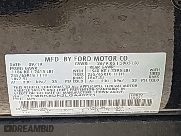 2020 Ford Explorer XLT with VIN 1FMSK8DH2LGA48771, listed as a IAAI auction lot 41663751 with 106,280 mi miles. Bid and sale history available at carsss.com. Image 9.