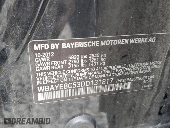 2013 BMW 7 Series 750Li z VIN WBAYE8C53DD131817, wystawiony jako Copart lot #79615564 z przebiegiem 125 737 mil mil oraz Szkoda całkowita • Salvage title. Historia ofert i sprzedaży dostępna na DreamBid. Obrazek 14.