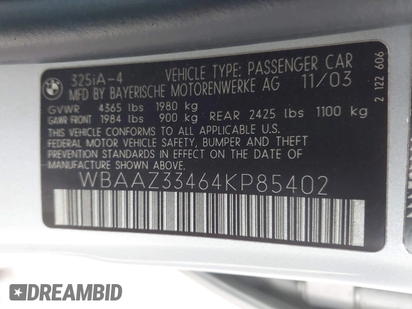 2004 BMW 3 Series 325i with VIN WBAAZ33464KP85402, listed as a IAAI auction lot 42643413 with 48,706 mi miles and . Bid and sale history available at DreamBid. Image 9.