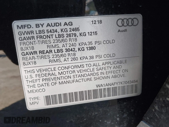 2019 Audi Q5 Premium with VIN WA1ANAFY7K2043454, listed as a IAAI auction lot 41620464 with 57,516 mi miles. Bid and sale history available at carsss.com. Image 9.