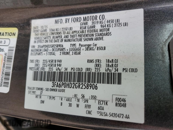 2016 Ford Fusion SE with VIN 3FA6P0HD2GR258906, listed as a Copart auction lot 58328485 with 232,650 mi miles and Salvage title. Bid and sale history available at DreamBid. Image 12.