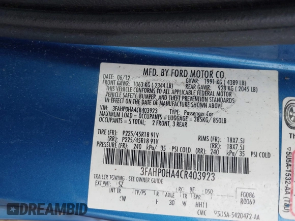 2012 Ford Fusion SE with VIN 3FAHP0HA4CR403923, listed as a IAAI auction lot 41945401 with 189,190 mi miles. Bid and sale history available at carsss.com. Image 9.