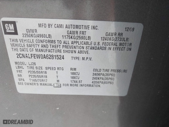 2010 Chevrolet Equinox LTZ with VIN 2CNALFEW0A6281524, listed as a IAAI auction lot 41960675 with 191,244 mi miles. Bid and sale history available at carsss.com. Image 9.