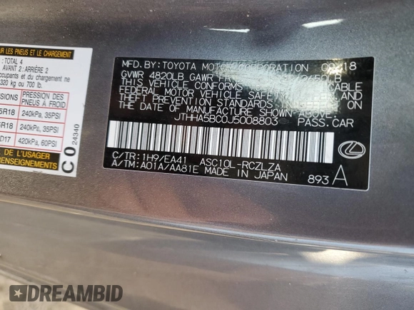 2018 Lexus RC 300 with VIN JTHHA5BC0J5008803, listed as a Copart auction lot 86165684 with 118,766 mi miles and Salvage title. Bid and sale history available at DreamBid. Image 12.