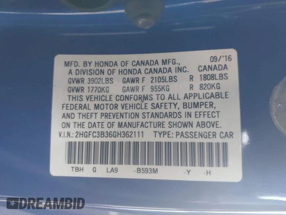 2016 Honda Civic EX-T with VIN 2HGFC3B36GH362111, listed as a IAAI auction lot 42316723 with 83,661 mi miles and . Bid and sale history available at DreamBid. Image 9.