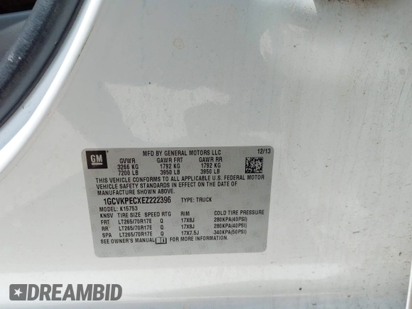 2014 Chevrolet Silverado 1500 Work Truck with VIN 1GCVKPECXEZ222396, listed as a IAAI auction lot 42233341 with 206,288 mi miles and . Bid and sale history available at DreamBid. Image 9.
