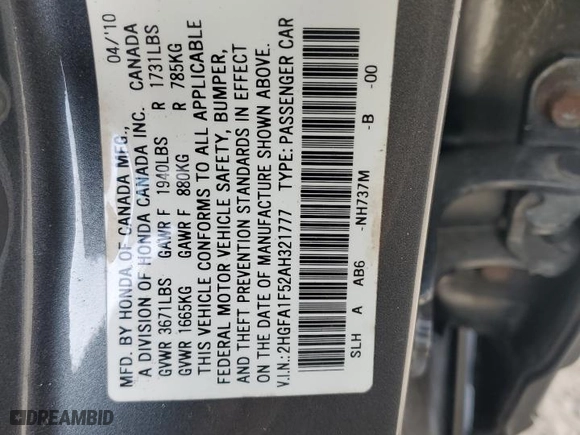 2010 Honda Civic Sdn LX with VIN 2HGFA1F52AH321777, listed as a Copart auction lot 51913095 with 161,632 mi miles and Clean Title. Bid and sale history available at carsss.com. Image 12.