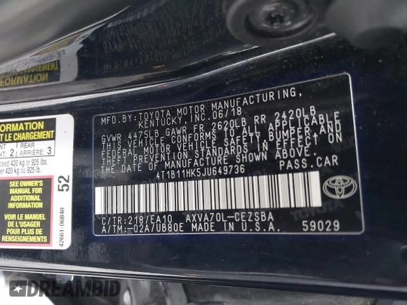 2018 Toyota Camry LE z VIN 4T1B11HK5JU649736, wystawiony jako IAAI lot #41536240 z przebiegiem 20 330 mil mil oraz . Historia ofert i sprzedaży dostępna na DreamBid. Obrazek 9.