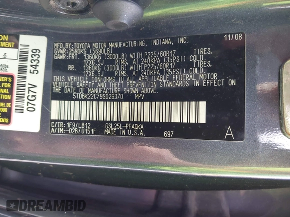 2009 Toyota Sienna XLE with VIN 5TDBK22C79S026370, listed as a IAAI auction lot 41471005 with 200,720 mi miles and . Bid and sale history available at DreamBid. Image 9.