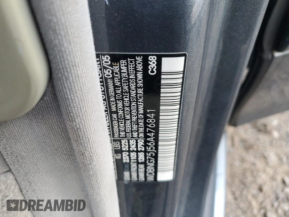 2006 Mercedes-Benz S 500 with VIN WDBNG75J56A476841, listed as a Copart auction lot 75056844 with 155,289 mi miles and Salvage Title. Bid and sale history available at DreamBid. Image 12.