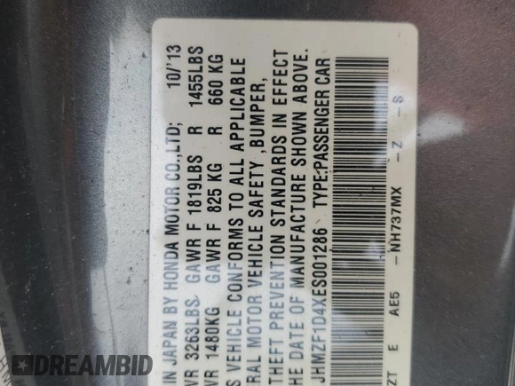 2014 Honda CR-Z with VIN JHMZF1D4XES001286, listed as a Copart auction lot 76580974 with Not Provided miles and Non Repairable. Bid and sale history available at DreamBid. Image 13.