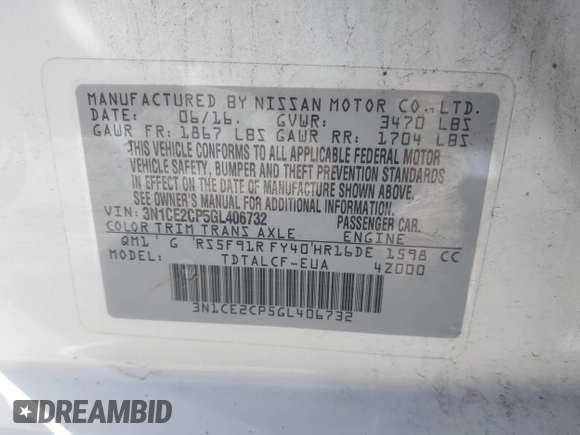 2016 Nissan Note S Plus with VIN 3N1CE2CP5GL406732, listed as a IAAI auction lot 41966939 with 77,804 mi miles and . Bid and sale history available at DreamBid. Image 9.