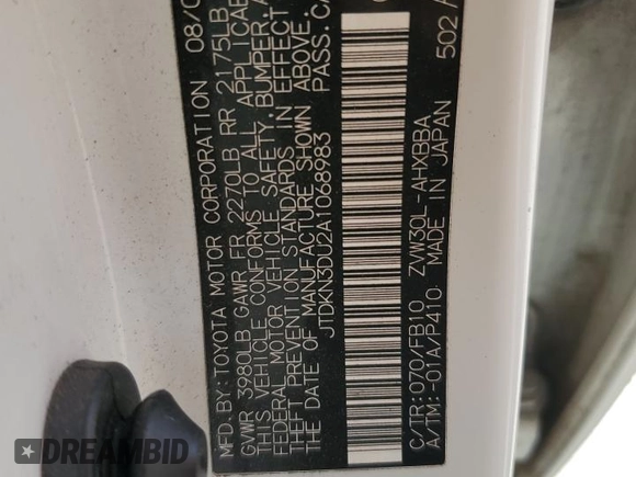 2010 Toyota Prius Four with VIN JTDKN3DU2A1068983, listed as a Copart auction lot 54978015 with 207,686 mi miles and Clean Title. Bid and sale history available at DreamBid. Image 12.