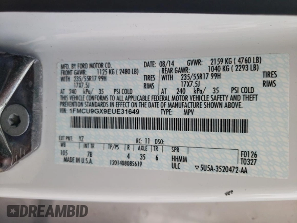 2014 Ford Escape SE with VIN 1FMCU9GX9EUE31649, listed as a Copart auction lot 53612065 with 57,162 mi miles and Clean title. Bid and sale history available at DreamBid. Image 14.