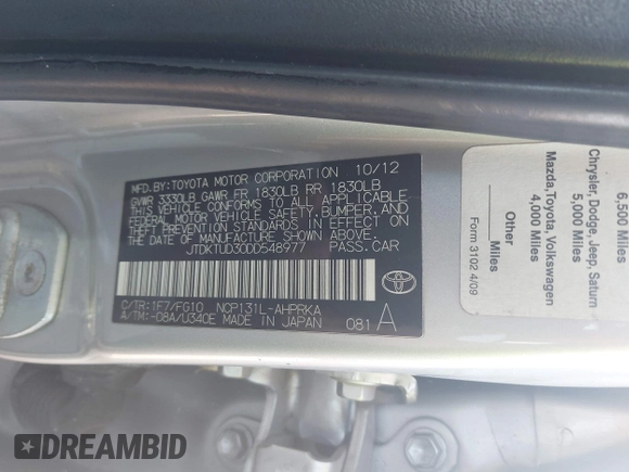 2013 Toyota Yaris L with VIN JTDKTUD30DD548977, listed as a IAAI auction lot 42187750 with 213,377 mi miles and . Bid and sale history available at DreamBid. Image 9.
