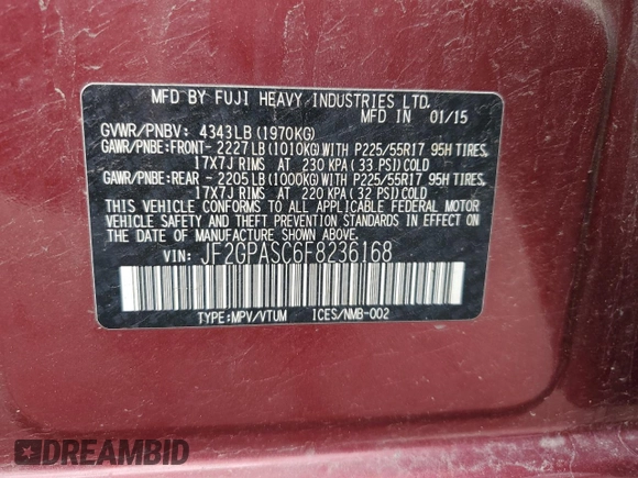 2015 Subaru Crosstrek Limited with VIN JF2GPASC6F8236168, listed as a Copart auction lot 57773845 with 91,054 mi miles and Salvage title. Bid and sale history available at DreamBid. Image 12.