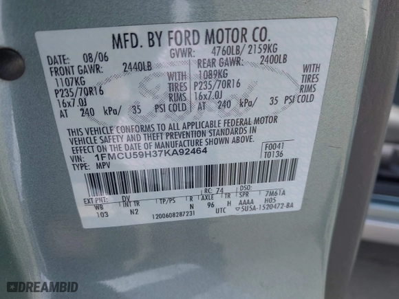 2007 Ford Escape Hybrid with VIN 1FMCU59H37KA92464, listed as a IAAI auction lot 42001479 with 159,147 mi miles. Bid and sale history available at carsss.com. Image 9.
