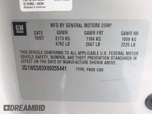 2008 Chevrolet Impala LT with VIN 2G1WC583X89255441, listed as a IAAI auction lot 41407326 with 137,257 mi miles and . Bid and sale history available at DreamBid. Image 9.