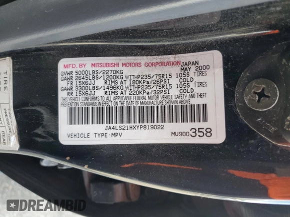 2000 Mitsubishi Montero Sport ES with VIN JA4LS21HXYP819022, listed as a Copart auction lot 43580855 with 0 mi miles and Salvage Title. Bid and sale history available at carsss.com. Image 15.