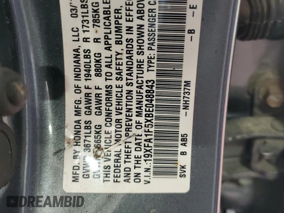 2011 Honda Civic LX with VIN 19XFA1F5XBE048843, listed as a Copart auction lot 56518765 with 108,607 mi miles and Clean Title. Bid and sale history available at DreamBid. Image 12.