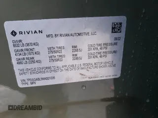 2022 Rivian R1S Launch Edition with VIN 7PDSGABL5NN001035, listed as a Copart auction lot 77188564 with Not Provided miles and Salvage Title. Bid and sale history available at carsss.com. Image 14.