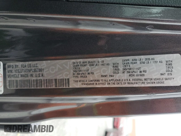 2023 Jeep Gladiator Freedom with VIN 1C6JJTAG9PL557861, listed as a Copart auction lot 50452955 with 44,716 mi miles and Salvage title. Bid and sale history available at DreamBid. Image 12.
