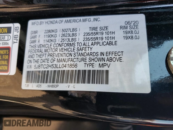 2020 Acura RDX w/Technology Pkg with VIN 5J8TC2H53LL041856, listed as a Copart auction lot 61730603 with 44,837 mi miles. Bid and sale history available at carsss.com. Image 12.