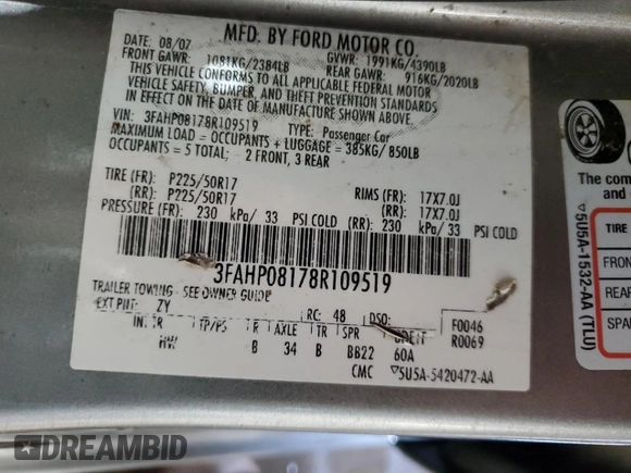 2008 Ford Fusion SEL with VIN 3FAHP08178R109519, listed as a Copart auction lot 54136345 with 130,658 mi miles and Salvage Title. Bid and sale history available at carsss.com. Image 12.