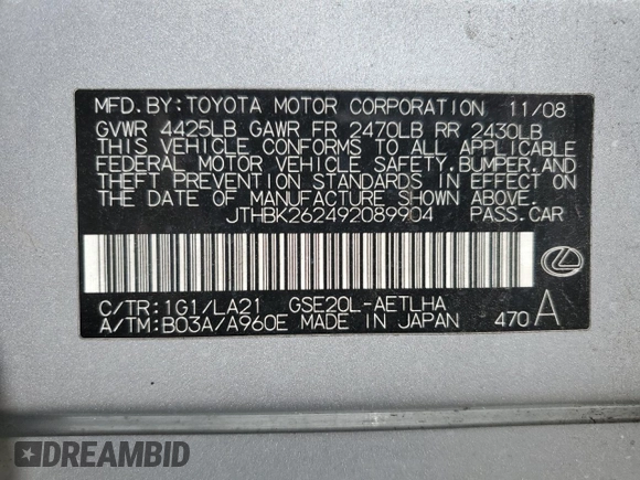 2009 Lexus IS 250 with VIN JTHBK262492089904, listed as a Copart auction lot 52156215 with 181,563 mi miles and Salvage Title. Bid and sale history available at carsss.com. Image 12.