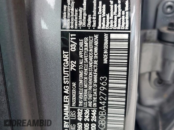 2011 Mercedes-Benz E 350 Luxury with VIN WDDHF5GB0BA427963, listed as a Copart auction lot 60738025 with 150,121 mi miles and Salvage title. Bid and sale history available at DreamBid. Image 12.