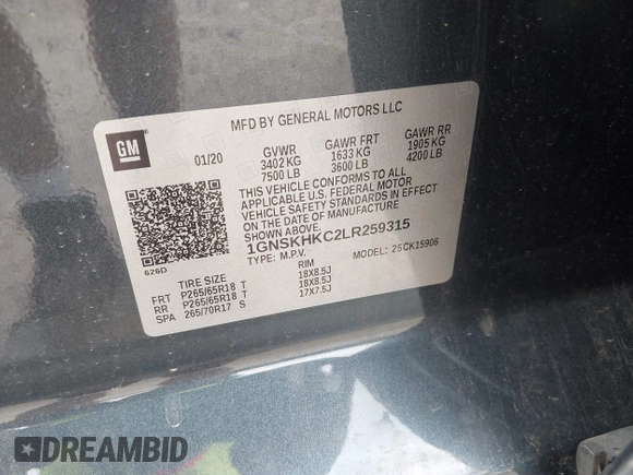 2020 Chevrolet Suburban LT z VIN 1GNSKHKC2LR259315, wystawiony jako IAAI lot #42129791 z przebiegiem 72 979 mil mil oraz . Historia ofert i sprzedaży dostępna na DreamBid. Obrazek 9.