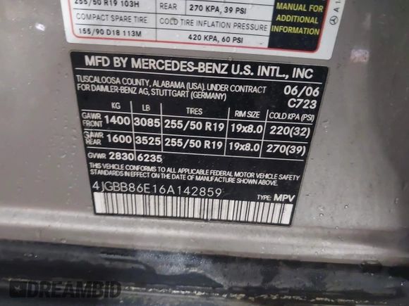 2006 Mercedes-Benz M 350 with VIN 4JGBB86E16A142859, listed as a IAAI auction lot 41867816 with 164,401 mi miles and . Bid and sale history available at DreamBid. Image 9.