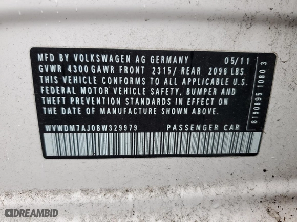 2011 Volkswagen Golf TDI with VIN WVWDM7AJ0BW329979, listed as a Copart auction lot 86298914 with 89,821 mi miles and Salvage Title. Bid and sale history available at carsss.com. Image 12.