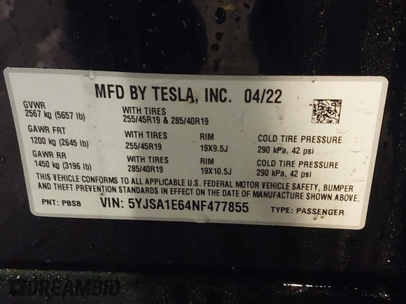 2022 Tesla Model S Plaid with VIN 5YJSA1E64NF477855, listed as a IAAI auction lot 41470591 with Not provided miles and . Bid and sale history available at DreamBid. Image 9.