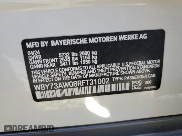 2024 BMW i4 eDrive40 with VIN WBY73AW08RFT31002, listed as a Copart auction lot 87505485 with 7,816 mi miles and Salvage Title. Bid and sale history available at carsss.com. Image 13.