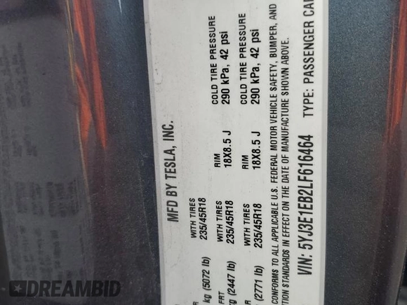 2020 Tesla Model 3 Long Range z VIN 5YJ3E1EB2LF616464, wystawiony jako Copart lot #57891365 z przebiegiem 21 197 mil mil oraz Szkoda całkowita • Salvage title. Historia ofert i sprzedaży dostępna na DreamBid. Obrazek 12.