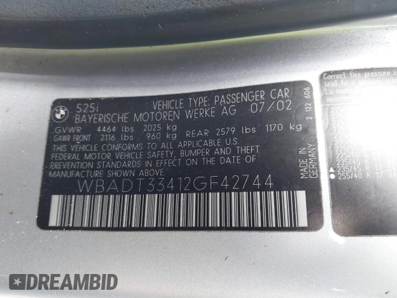 2002 BMW 5 Series 525i with VIN WBADT33412GF42744, listed as a IAAI auction lot 41609141 with 1 mi miles. Bid and sale history available at carsss.com. Image 9.