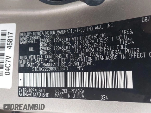 2008 Toyota Sienna XLE with VIN 5TDZK22C98S099673, listed as a IAAI auction lot 42661903 with 205,714 mi miles and . Bid and sale history available at DreamBid. Image 9.