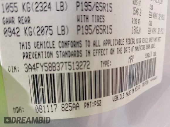 2007 Chrysler PT Cruiser Touring with VIN 3A4FY58B37T513272, listed as a IAAI auction lot 42087208 with 61,631 mi miles and . Bid and sale history available at DreamBid. Image 9.