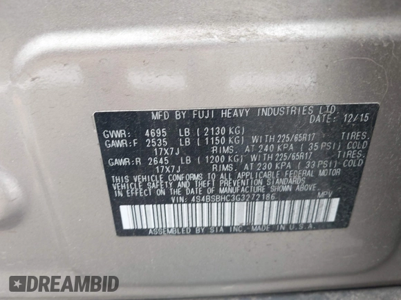 2016 Subaru Outback Premium with VIN 4S4BSBHC3G3272186, listed as a IAAI auction lot 42356888 with 94,265 mi miles and . Bid and sale history available at DreamBid. Image 9.