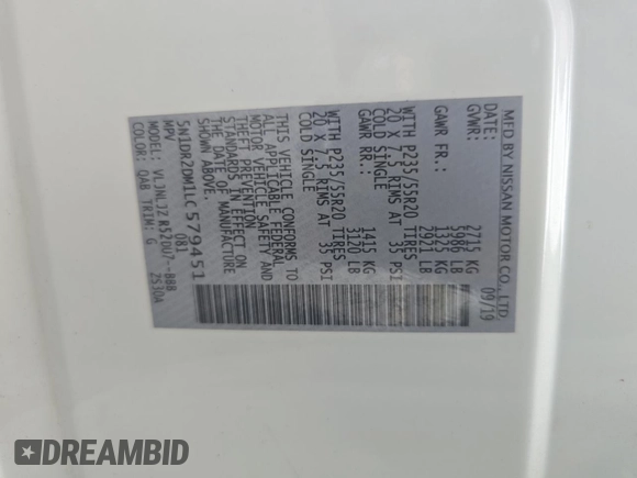 2020 Nissan Pathfinder Platinum with VIN 5N1DR2DM1LC579451, listed as a Copart auction lot 61667215 with 131,641 mi miles and Clean title. Bid and sale history available at DreamBid. Image 10.