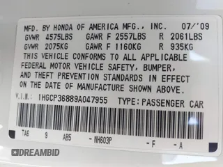 2009 Honda Accord EX-L with VIN 1HGCP36889A047955, listed as a IAAI auction lot 41777326 with 80,312 mi miles and . Bid and sale history available at DreamBid. Image 9.