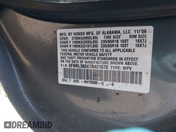 2007 Honda Odyssey EX-L с VIN 5FNRL386X7B421678, выставлен на аукционе IAAI как лот 41863509 с пробегом 190 969 миль миль и . История ставок и продаж доступна на DreamBid. Изображение 9.