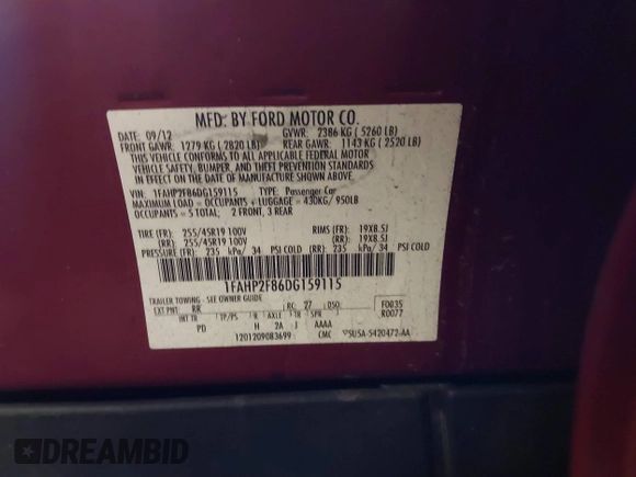 2013 Ford Taurus Limited с VIN 1FAHP2F86DG159115, выставлен на аукционе IAAI как лот 42309196 с пробегом 114 436 миль миль и . История ставок и продаж доступна на DreamBid. Изображение 9.