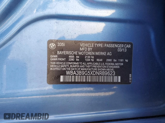 2013 BMW 3 Series 335i xDrive z VIN WBA3B9G5XDNR89623, wystawiony jako Copart lot #80271704 z przebiegiem 148 365 mil mil oraz Szkoda całkowita • Salvage title. Historia ofert i sprzedaży dostępna na DreamBid. Obrazek 12.