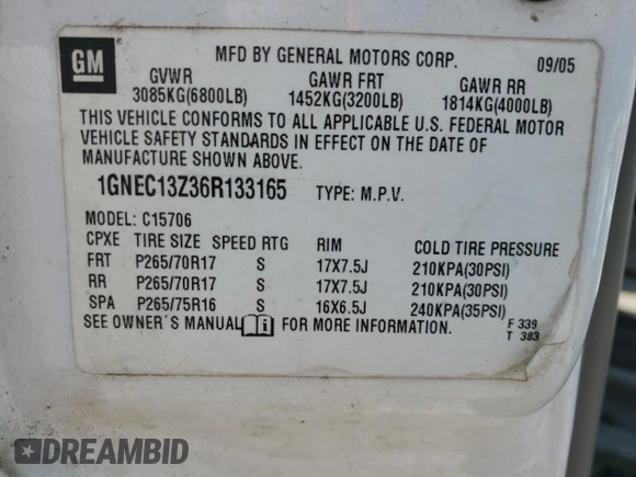 2006 Chevrolet Tahoe LT z VIN 1GNEC13Z36R133165, wystawiony jako Copart lot #50787575 z przebiegiem 119 303 mil mil oraz Szkoda całkowita • Salvage title. Historia ofert i sprzedaży dostępna na DreamBid. Obrazek 13.