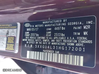 2017 Kia Optima EX with VIN 5XXGU4L31HG172001, listed as a IAAI auction lot 41763595 with 212,254 mi miles. Bid and sale history available at carsss.com. Image 9.