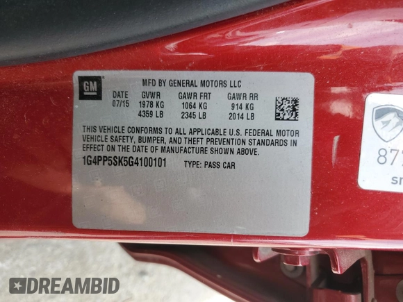 2016 Buick Verano with VIN 1G4PP5SK5G4100101, listed as a Copart auction lot 56161845 with 129,844 mi miles and Salvage title. Bid and sale history available at DreamBid. Image 12.