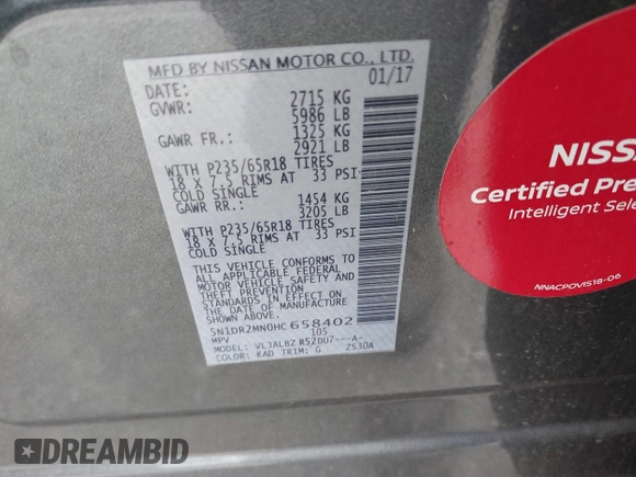 2017 Nissan Pathfinder S with VIN 5N1DR2MN0HC658402, listed as a IAAI auction lot 41857093 with 142,070 mi miles and . Bid and sale history available at DreamBid. Image 9.