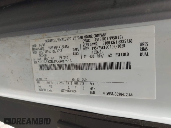 2019 Ford Transit with VIN 1FDBF8ZM8KKA87113, listed as a IAAI auction lot 42511405 with 114,647 mi miles and . Bid and sale history available at DreamBid. Image 9.